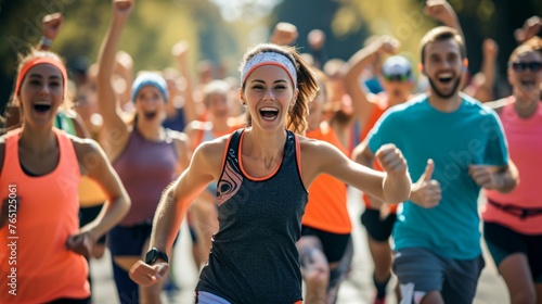 A group of people are running a race. They are all sweating and look tired, but they are also smiling and seem to be enjoying themselves.