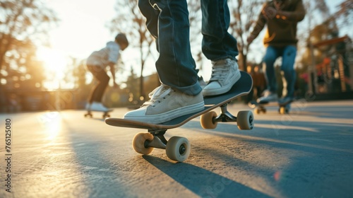 Youngsters skateboarding in an urban skate park. They are wearing casual clothes and protective gear. photo