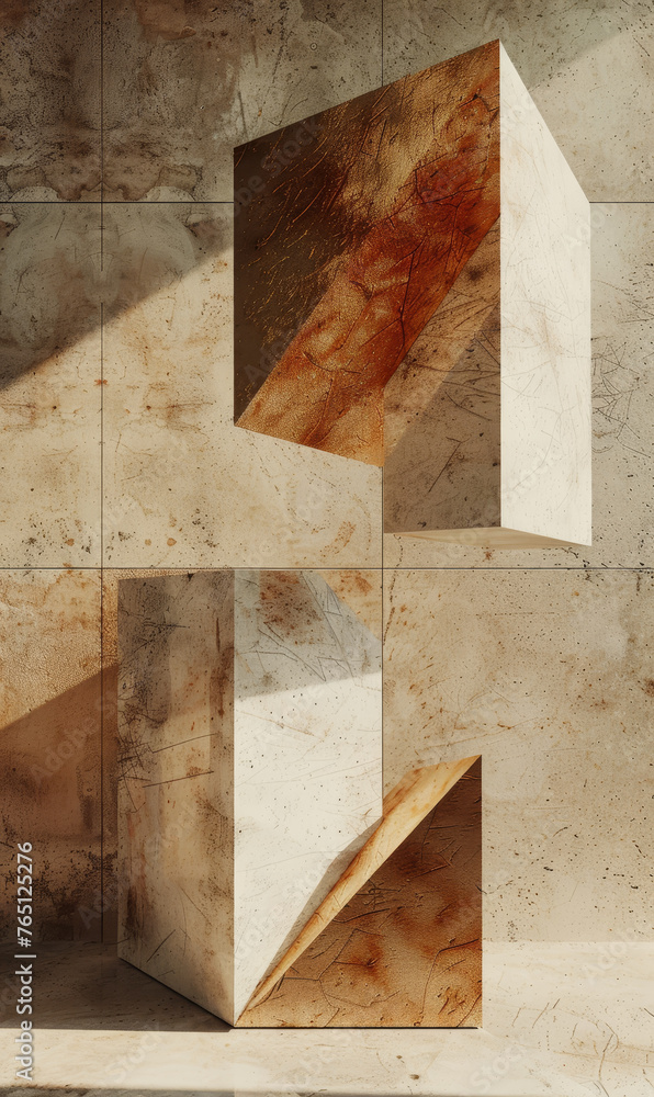 Textured brown geometric shapes layered with a marble-like finish. Textured brown geometric shapes layered with a marble-like finish.