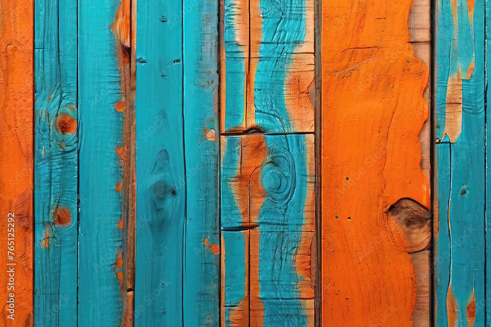 Orange and turquoise and brown painted dirty look wood wall wooden plank board texture background with grains and structures Orange and turquoise and brown painted dirty look wood wall wooden plank board texture background with grains and structures