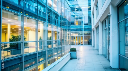 Exterior view to glass facade of modern styled office building