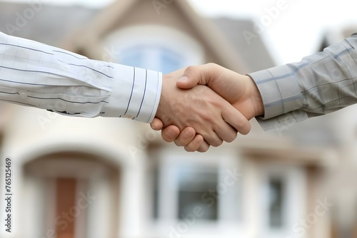 Real estate agent and customer finalize house purchase with a handshake. Concept Real Estate, House Purchase, Handshake Agreement, Customer Satisfaction, Property Transaction