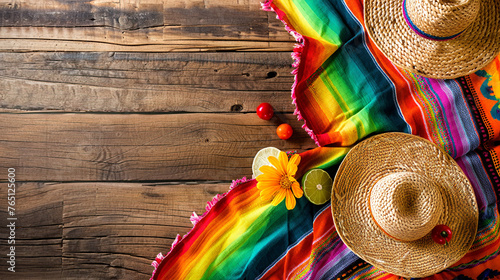 Vibrant and Festive Cinco de Mayo Background Featuring Bright Colours, Charro Pattern, Mexican Culture Symbols on Rustic Wooden Boards - Copy Space Text Space 