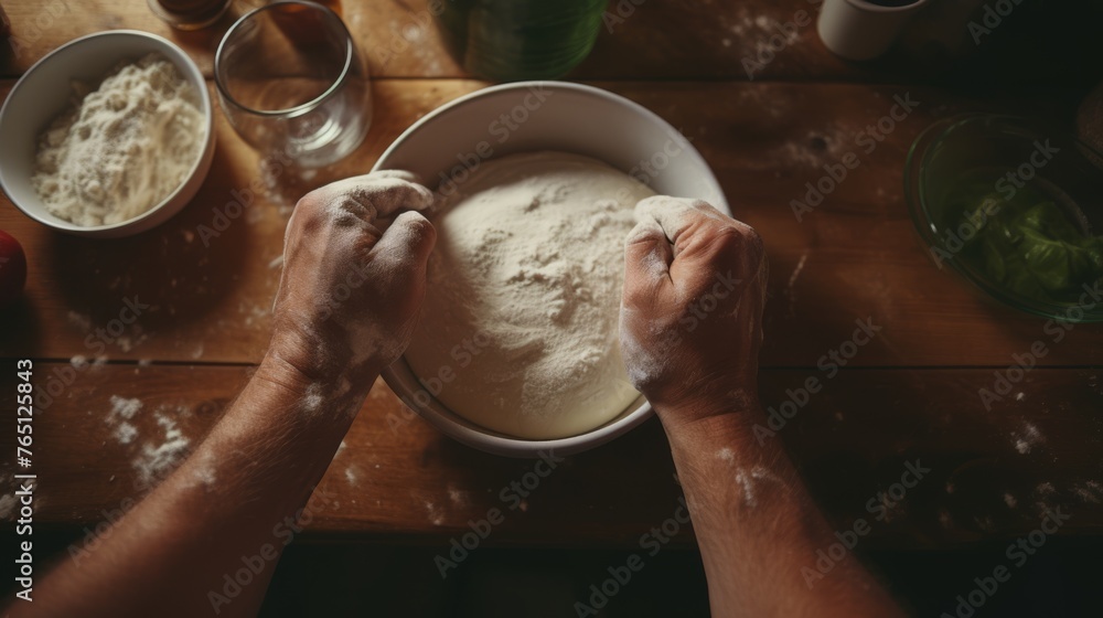 Fototapeta premium A photo from first person mixing ingredients for a homemade pizza in the kitchen showing hands kneading dough 