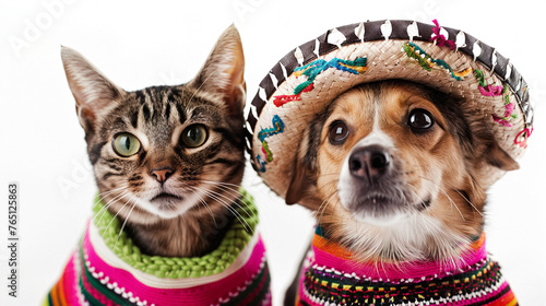 Cinco De Mayo Celebration With Adorable Cat and Dog - Festive Pet Party, Mexican Holiday, Cute Animals with Sombrero and Maracas, Vibrant Colors, Fun Party Vibe, Playful Pet Celebrations, Traditional 