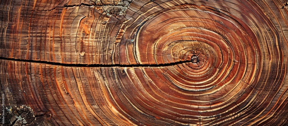 Fototapeta premium Close-up view of a section of a tree trunk showing growth rings and texture, isolated on a plain white background
