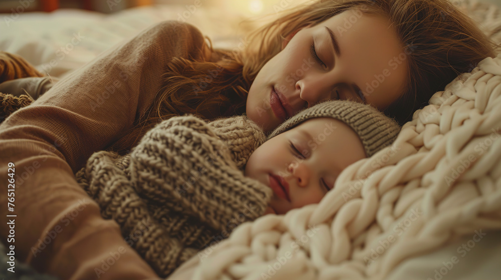 Mom with a small Child sleeping on a bed, white airy underwear, close-up, Mom with a small Child sleeping on a bed, white airy underwear, close-up,