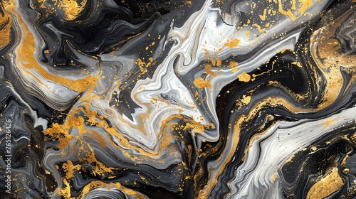 Black and white fluid art painting with gold accents. © stocker