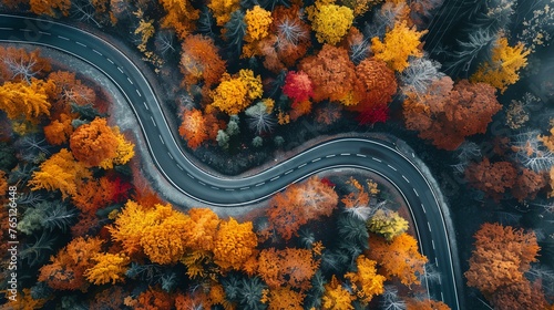 A top-down view of a road winding through a colorful forest.