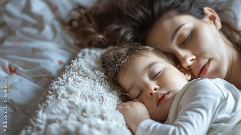 Mom with a small Child sleeping on a bed, white airy underwear, close-up, Mom with a small Child sleeping on a bed, white airy underwear, close-up,