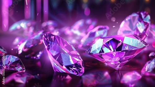 Sophisticated diamonds on reflective surface - Elegant digital artwork showcasing sophisticated diamonds scattered on a reflective purple surface with diffused light effects adding to the scene's luxu photo