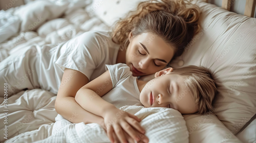 Mom with a small Child sleeping on a bed, white airy underwear, close-up, Mom with a small Child sleeping on a bed, white airy underwear, close-up,