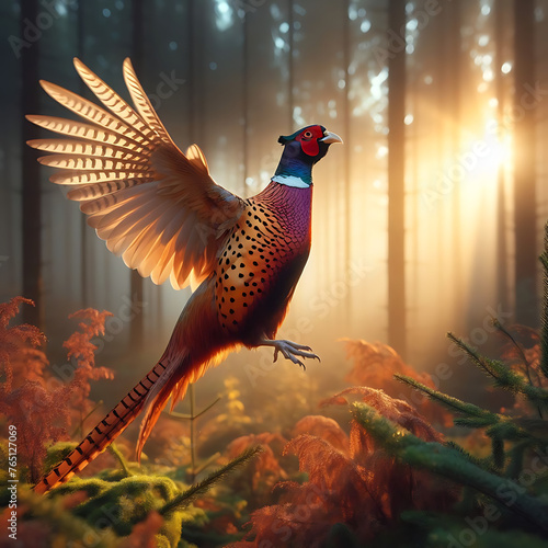 Common pheasant (Phasianus colchicus) in flight in its natural enviroment. fasan flug. ring necked pheasant. pheasants. pheasants flying. Pheasant. Phasianus colchicus. Beautiful pheasants image. 