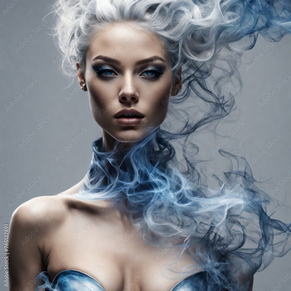 a woman with blue and grey smoke