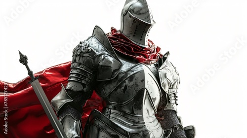 A knight in full armor stands tall and proud, his sword drawn and ready. His red cape billows in the wind behind him, adding to his imposing figure.