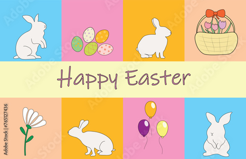 Easter greeting card with bunny, eggs and flowers. 