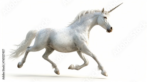 A beautiful white unicorn is running. The unicorn is galloping with its mane and tail flowing in the wind.