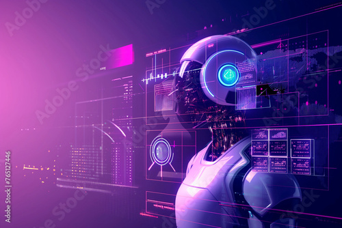 Wallpaper Mural AI assistant helps a human worker in a call center, purple pink background Torontodigital.ca