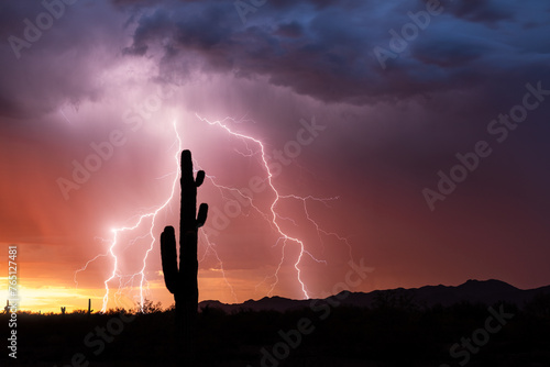 Saguaro cactus silhouette with lightning at sunset in the Arizona desert © JSirlin