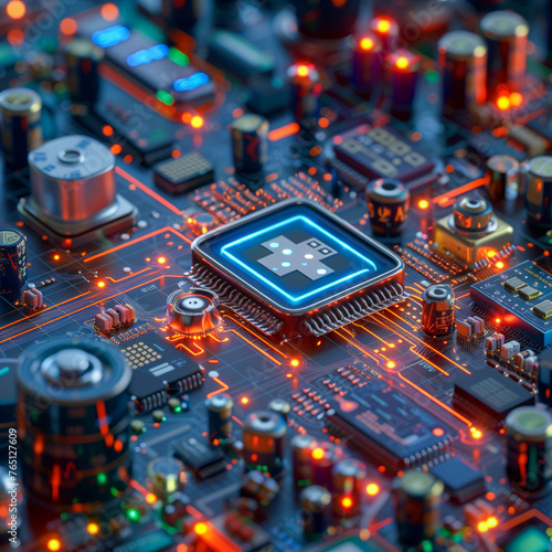 Close-up view of an illuminated microchip on a circuit board with various electronic components