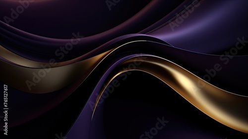 Elegant 3D abstract background dark purple curved shapes with gold lines over black