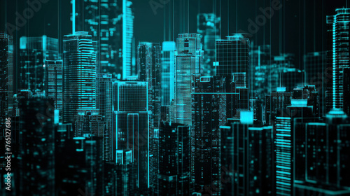 Futuristic Night Cityscape with Illuminated Skyscrapers in the Background, 3D Rendering
