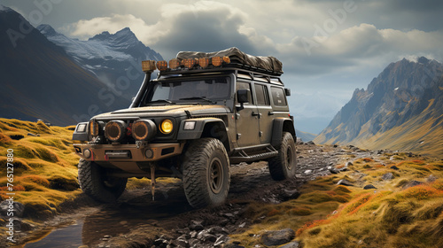 An overland vehicle traversing challenging terrains, showcasing the spirit of adventure. © tynza