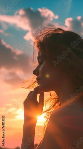 Silhouette of a thoughtful woman against a sunset backdrop, with a dreamy gaze towards the horizon, the scene awash in golden hues