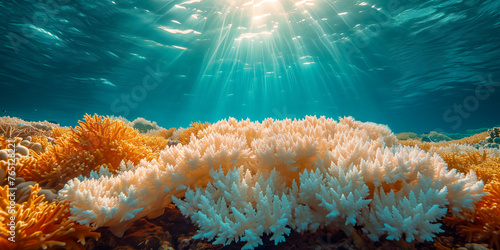 Sunlight piercing through water over vibrant coral reef