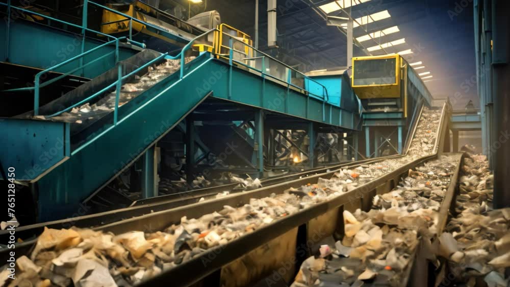 Abandoned train track infested with various litter and garbage strewn across its length, Photo of a conveyor belt carrying waste materials in a recycling factory, AI Generated Abandoned train track infested with various litter and garbage strewn across its length, Photo of a conveyor belt carrying waste materials in a recycling factory, AI Generated