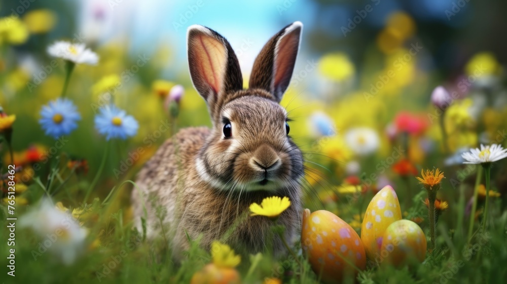Rabbit is standing in field of flowers Rabbit is standing in field of flowers