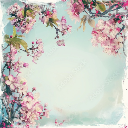 Summer spring painted frames, overlays of photos of flowers on tree branches, and photo art photo