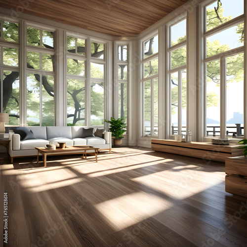 White oak wood in an empty room bathed in soft natural light casting subtle shadows and reflecting. Generative AI.