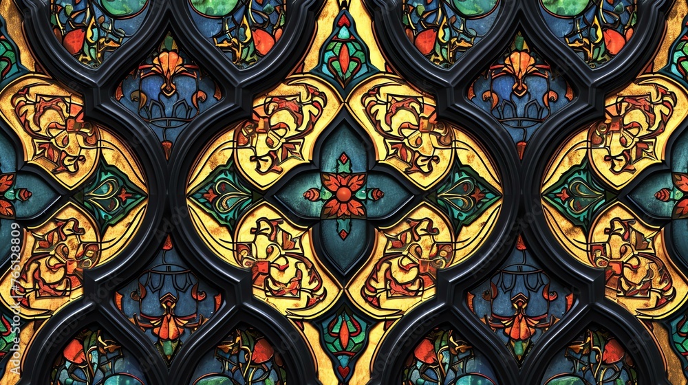 Stained glass window with a beautiful geometric pattern in bright colors.