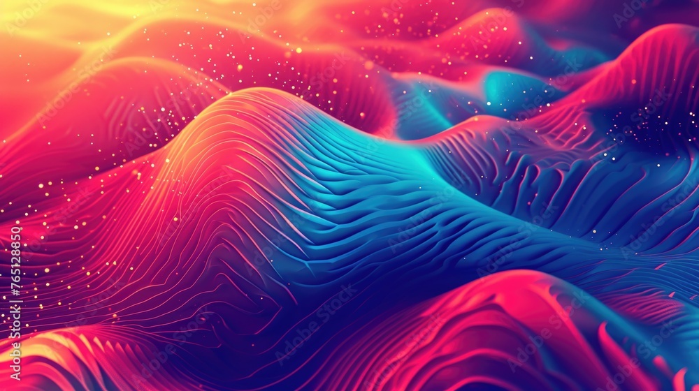 Colorful, abstract landscape with blue and red wave