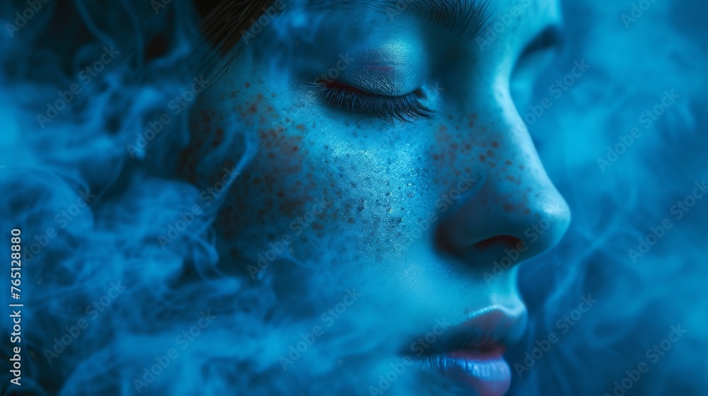 Ethereal close-up of a young woman's face surrounded by a mystical blue mist, with freckles sprinkled across her skin like stars in the night sky.