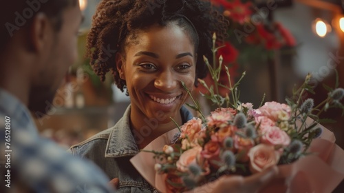 Smiling Woman Holding Bouquet of Flowers © Yana