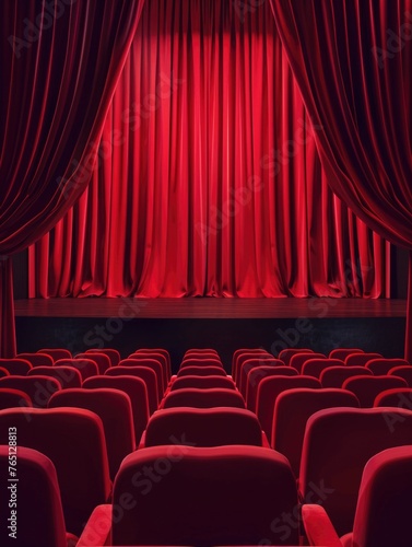 Red curtain hangs in front of red theater with red seat
