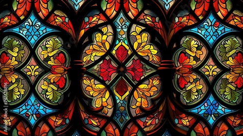 Stained glass window with a floral pattern. The window is divided into four sections, each with a different design.