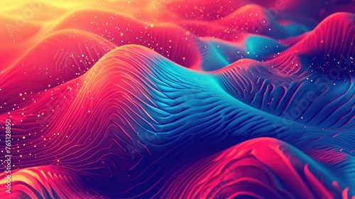 Colorful, abstract landscape with blue and red wave