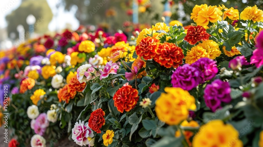 Obraz premium Colorful garden with variety of flowers including pink, yellow, and orange