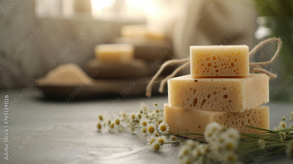 Soap with natural sponge, copy space.