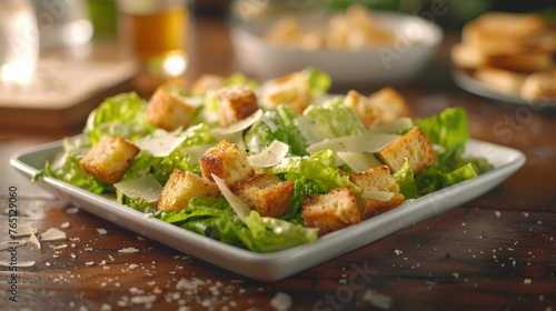 Close Up of a Plate of Caesar Salad on a Table © Yana