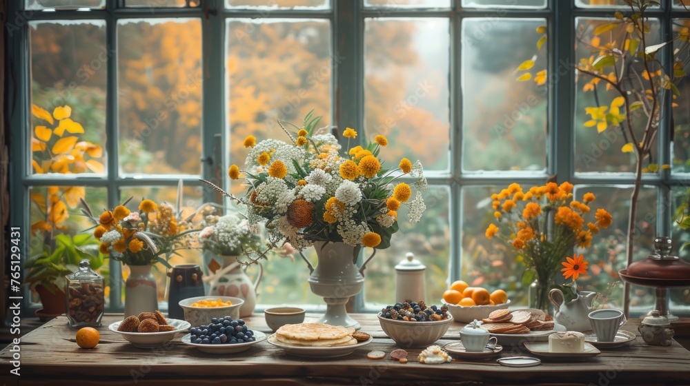 a table topped with a vase of flowers next to a window filled with oranges and other fruits and vegetables. a table topped with a vase of flowers next to a window filled with oranges and other fruits and vegetables.