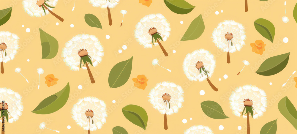 a dandelion pattern on a yellow background with green leaves and dandelions on a light yellow background. a dandelion pattern on a yellow background with green leaves and dandelions on a light yellow background.