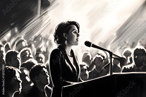 Public Speech Spoken By Woman Politician to crowds at political election rally, gender equality democracy in action sketch art illustration photo