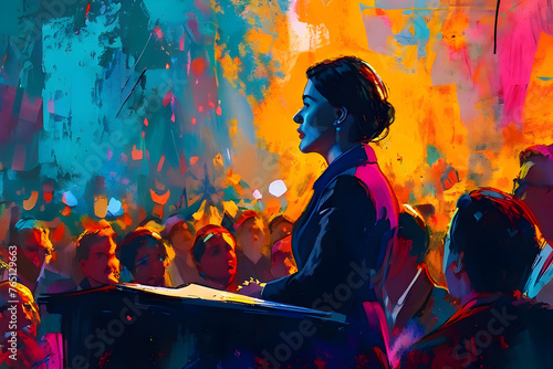 Silhouette of Woman politician gives Public Speech to crowds at election rally, diversity equality in action painting illustration