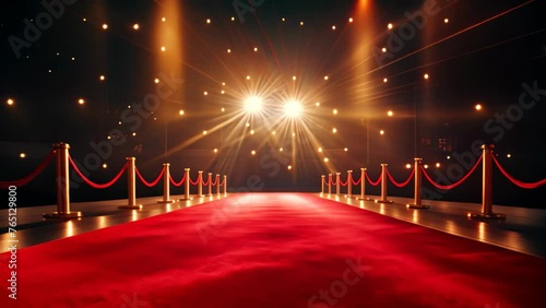 Red Carpet With Rope Barriers and Lights, A Luxurious Event Entrance, red carpet with spotlight, AI Generated