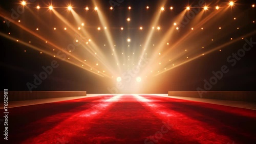 A stage illuminated by bright lights, adorned with a red carpet, creates an impressive and glamorous atmosphere, red carpet with spotlight, AI Generated photo