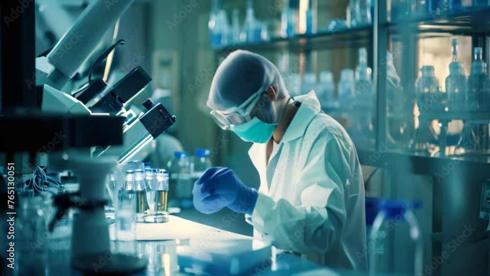 A man wearing a mask and gloves conducts scientific research in a laboratory, Researcher in a protective mask working in a laboratory of a research institute, AI Generated A man wearing a mask and gloves conducts scientific research in a laboratory, Researcher in a protective mask working in a laboratory of a research institute, AI Generated